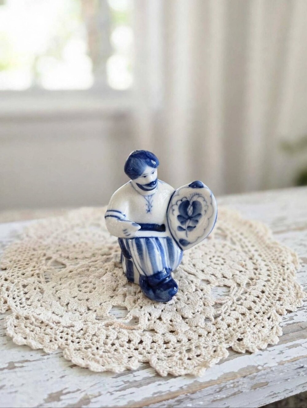 Gzhel Blue & White Porcelain Figurine - Russian Folk Art Musician